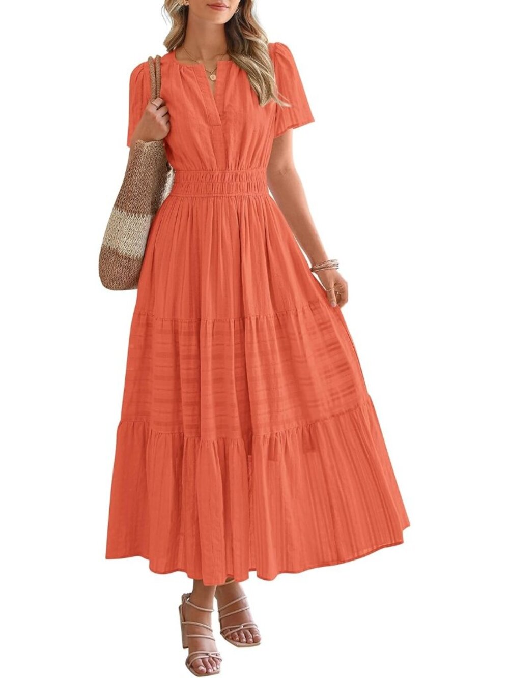 Women's Orange Summer Maxi Dress Lightweight Short Sleeve V Neck Elastic Waist